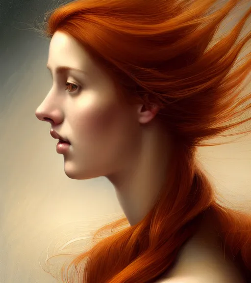 Image similar to portrait of a beautiful auburn - haired woman sitting upon a table with heightened detail, poised, intense emotion, detailed facial expression, detailed surroundings, intricate, elegant, highly detailed, centered, digital painting, artstation, concept art, smooth, sharp focus, illustration, by ( leonardo da vinci ), wlop