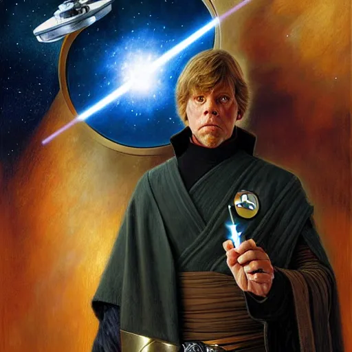 Prompt: a portrait of luke skywalker in a starfleet uniform star trek chief engineer wizard hat and wand. detailed face highly detailed painting by gaston bussiere craig mullins jc leyendecker gustav klimt artgerm greg rutkowski