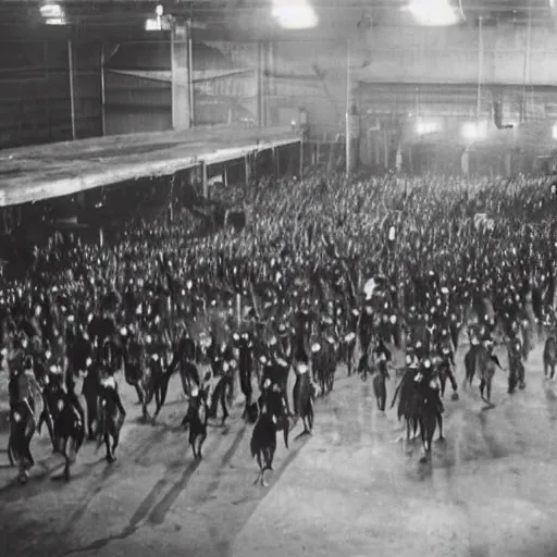 Prompt: silent film image of riot in amazon warehouse