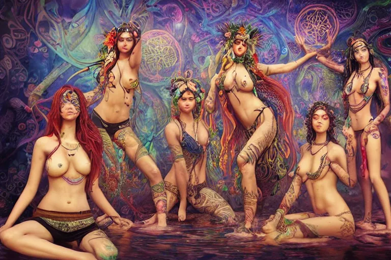 Image similar to a centered full body render of a harem alluring festival hippies with tribal tattoos surrounded by a underwater ink pour and flowing liquid galium and sacred geometry, perfect body face and hands, powerful, cinematic, beautifully lit, by artgerm, by karol bak, by donato giancola, 3 d, trending on artstation, octane render, 8 k