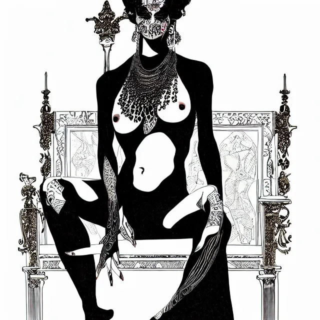 Prompt: salome full figure sitting on throne black ink drawing by james jean very detailed high contrast xuan paper lush background