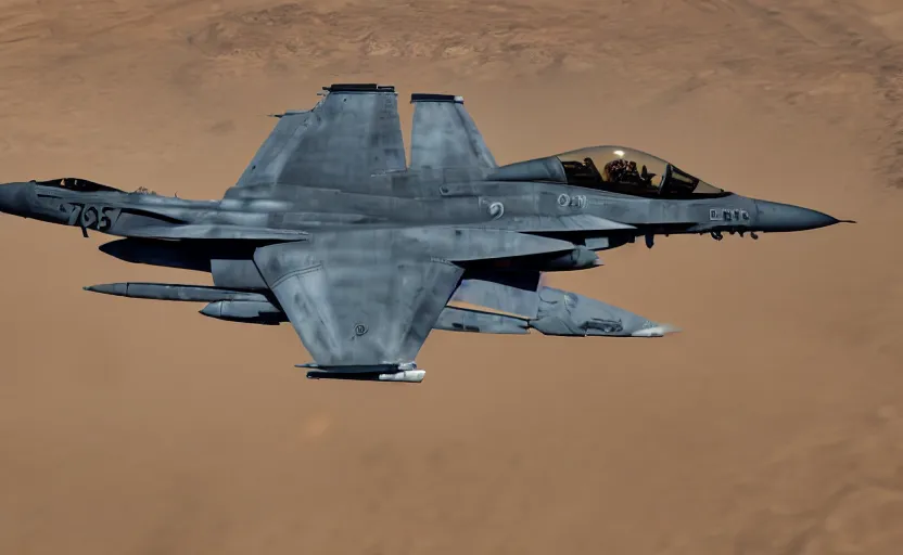 Prompt: a gritty hyperdetailed photorealistic f - 1 8 hornet ground attack aircraft flying low in the desert with dust being kicked up in its wake, volumetric lighting, cinematic framing, cinematic lighting, cinematic shadows, in the style of top gun maverick