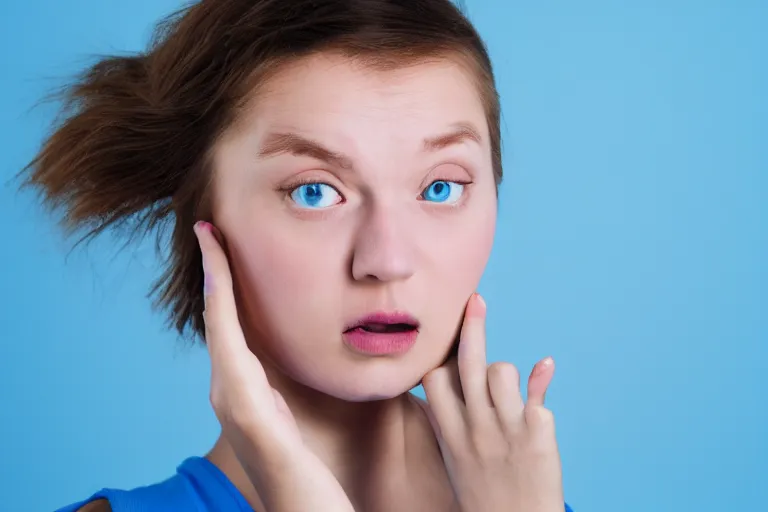 Prompt: stock photo of a confused 20-year-old woman on a blue background, minimalist, close up, studio lighting, detailed, photography, 82 mm sigma art