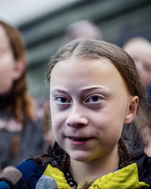 Prompt: film still close - up shot of greta thunberg with face piercings giving a speech in a crowded train station eating pizza, smiling, the sun is shining. photographic, photography