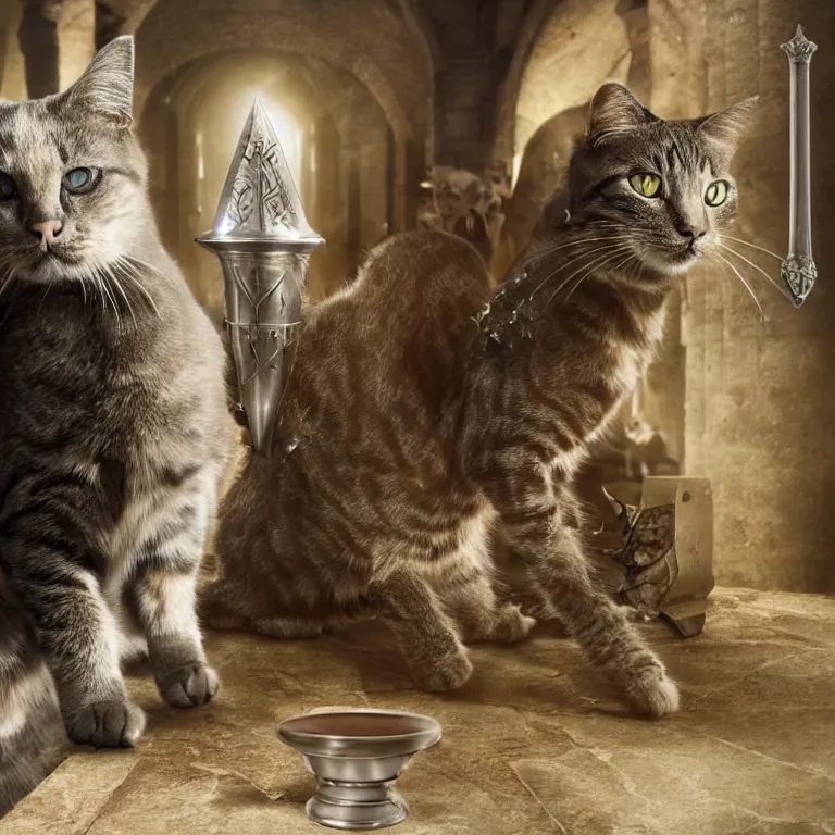 Image similar to an amazing award winning photo of a cat as knight templar protecting the holy grail, very detailed and sharp, 4k hdr, cinematic masterpiece