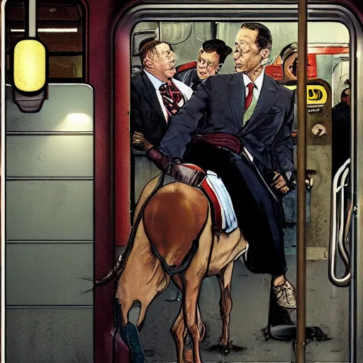 Prompt: mr ed runnning to catch the nyc subway, frantic, wearing a suit, style of norman rockwell, style of richard corben, ultra detailed, 8 k, rule of thirds, cinematic lighting.