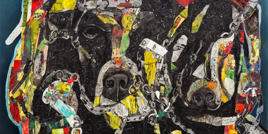 Prompt: black mad dog on a chain, collage, acrylic on canvas, expressionism movement, breathtaking detailed, by blake neubert