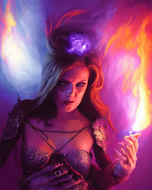 Image similar to pyromancer beauty cover in purple flames, deep pyro colors, purple laser lighting, award winning photograph, radiant flares, realism, lens flare, intricate, various refining methods, micro macro autofocus, evil realm magic painting vibes, hyperrealistic painting by michael komarck - daniel dos santos