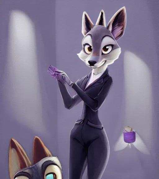 Image similar to oil painting of full body of anthromorphic female wolf, in style of zootopia, zootopia, zootopia, fursona, furry, furaffinity, 4 k, deviantart, furry art, fursona art, wearing black business suit, business suit, in style of zootopia, wolf fursona, cyberpunk, female, expressive detailed feminine face,
