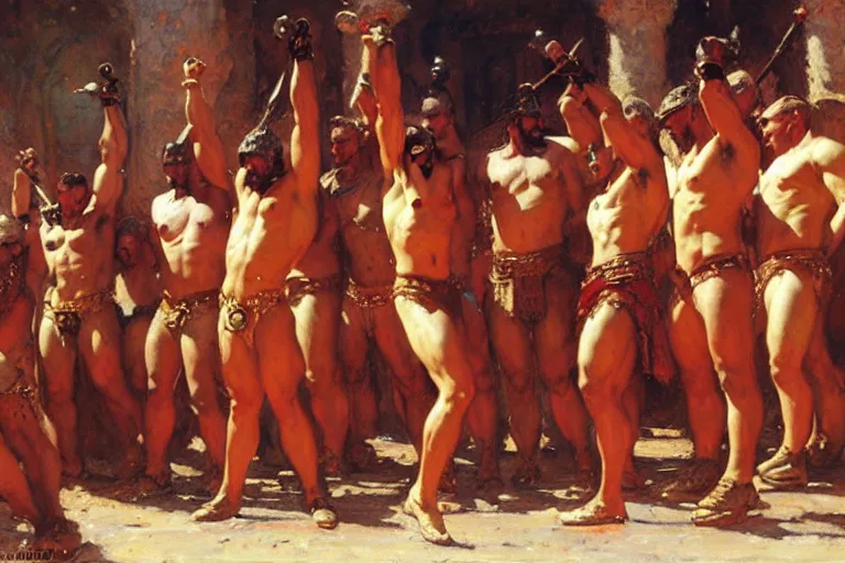 Image similar to male gladiators, painting by gaston bussiere, craig mullins, j. c. leyendecker, tom of finland