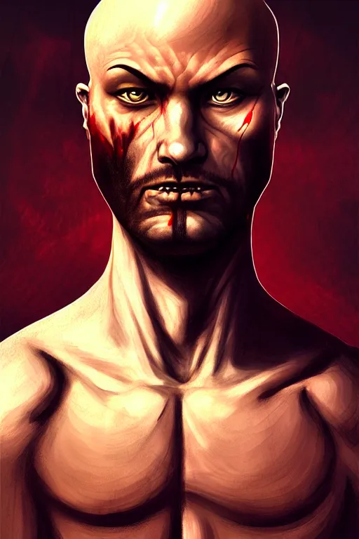 Image similar to unattractive, bald and unsympathetic Human_fighter!, He has 6 scares on his face, and a bloodthirsty look in his eyes. full_body!!, dungeons and dragons portrait, highly detailed, digital painting, artstation, concept art, sharp focus, illustration, art by Leonardo da Vinci and Michelangelo and Botticelli