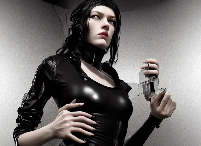 Prompt: octane render photographic portrait by quentin tarantino of a beautiful feminine man wearing black techwear and light makeup looking in a broken bathroom mirror, cramped new york apartment, full shot, retrofuturism cyberpunk cinematic, 8 k, hd, high resolution, ultra realistic faces, intricate detail, trending on artstation, digital painting, clockwork orange