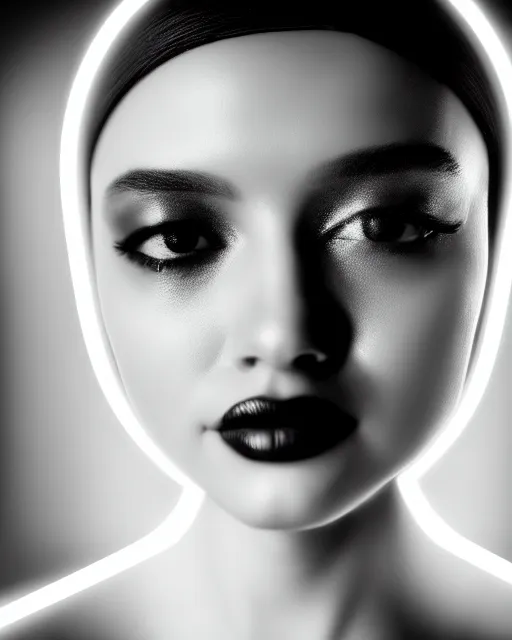 Image similar to black and white dreamy young beautiful female nuclear - cyborg high quality portrait photo, microchip skin, artificial intelligence, cinematic, rim light, photo - realistic, elegant, high detail, 8 k, masterpiece, high fashion, photo taken in 1 9 3 0