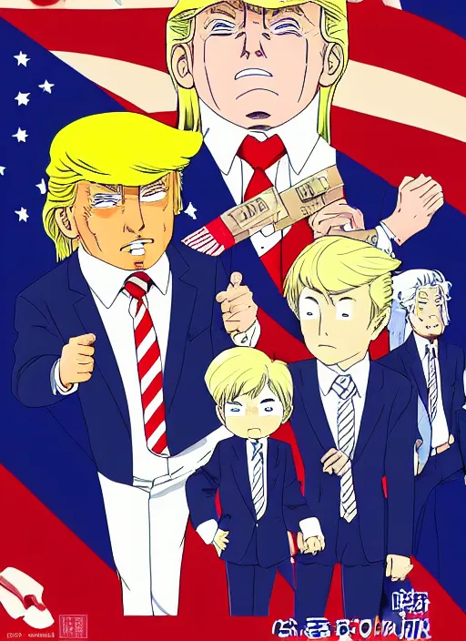 Image similar to donal trump manga, color, best scene, studio ghibli, chibi style, by katsuhiro otomo and hiroya oku and makoto yukimura