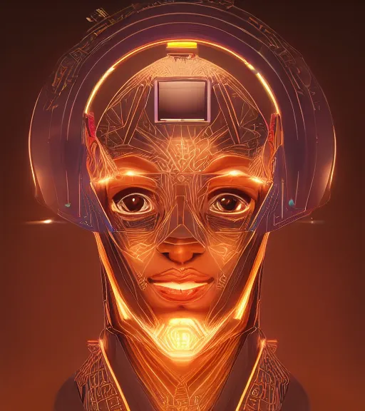 Image similar to symmetry!! egyptian prince of technology, solid cube of light, hard edges, product render retro - futuristic poster scifi, lasers and neon circuits, brown skin man egyptian prince, intricate, elegant, highly detailed, digital painting, artstation, concept art, smooth, sharp focus, illustration, dreamlike, art by artgerm