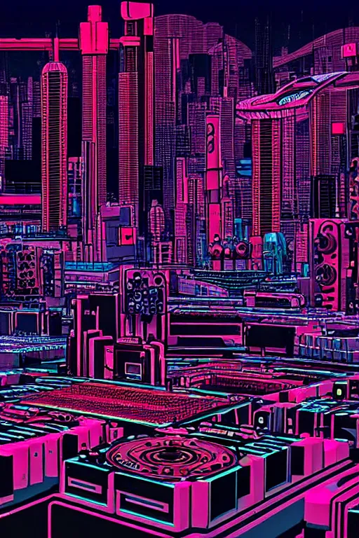 Prompt: drum machines and synththezisers cityscape, modular, in the style of akira, tron, sculpted by gaudi