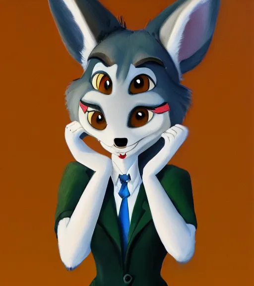 Image similar to oil painting of full body of anthromorphic female wolf, in style of zootopia, zootopia, zootopia, fursona, furry, furaffinity, 4 k, deviantart, furry art, fursona art, wearing black business suit, business suit, in style of zootopia, wolf fursona, cyberpunk, female, expressive detailed feminine face,