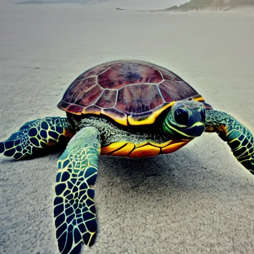 Image similar to hyperrealistic close shot of a turtle paragliding