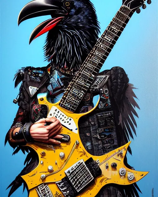 Prompt: a portrait of an anthropomorphic cyberpunk raven shredding an electric guitar as the guitar melts by sandra chevrier, by jon foster, detailed render, guitar, epic composition, cybernetics, 4 k realistic, cryengine, realistic shaded lighting, sharp focus, masterpiece, by enki bilal