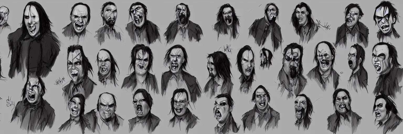 Image similar to character study of marilyn manson and jack black, clear faces, wild, crazy, character sheet, fine details, concept design, contrast, kim jung gi, pixar and da vinci, trending on artstation, 8 k, full body and head, turnaround, front view, back view, ultra wide angle