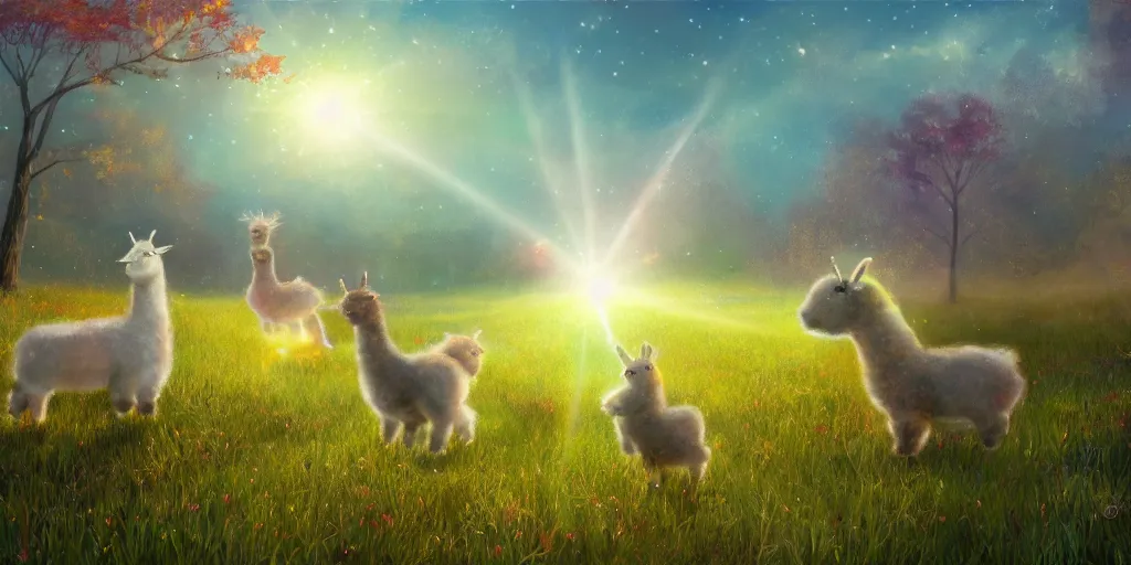 Image similar to magical fairy alpacas frolicking in a field, autumn, sparkles, illustration, light beams, digital art, oil painting, fantasy, 8 k, trending on artstation, detailed