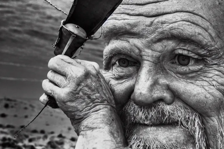 Prompt: closeup old man holding up a lantern on the beach in a pirate ship bay meet to a old wood shack by emmanuel lubezki