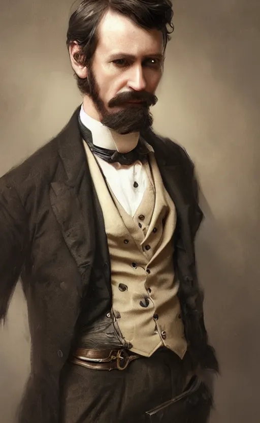 Image similar to portrait of a victorian gentleman wearing a waistcoat, male, detailed face, victorian, highly detailed, cinematic lighting, digital art painting by greg rutkowski