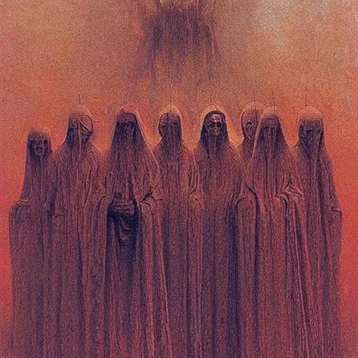 Image similar to spirits whose names they called in terror or welcome, until an angry priest cast a spell on them, art by beksinski and jean delville