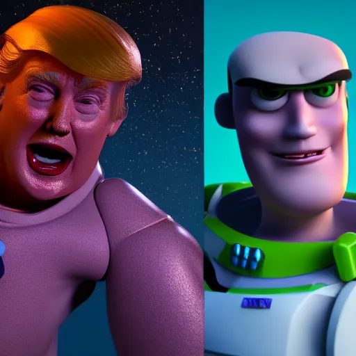 Prompt: donald trump as buzz lightyear full body detailed, ethereal, cyborg biomechanics, covered in blood diamonds and other gems glowing, highly detailed face, evil posed, evil expression, intricate, extremy detailed, beeple, cgsociety, 3 d unreal engine octane render. cinematic lighting, highly detailed 4 k art