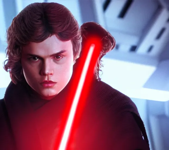 Image similar to anakin skywalker wielding a red lightsaber looking angrily into the camera, detailed, cinematic, raytracing, realistic