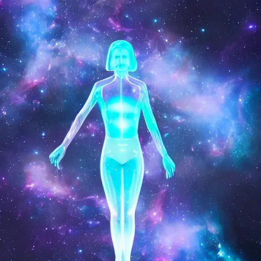 Image similar to transparent interdimensional woman made of nebula in space with hubble background, vray, 5 5 mm