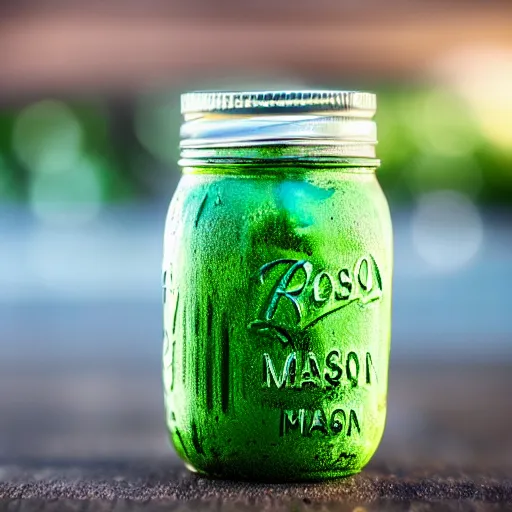 Prompt: close - up shot of a mason jar filled with cloudy green slime, macro lens, depth of field, bokeh