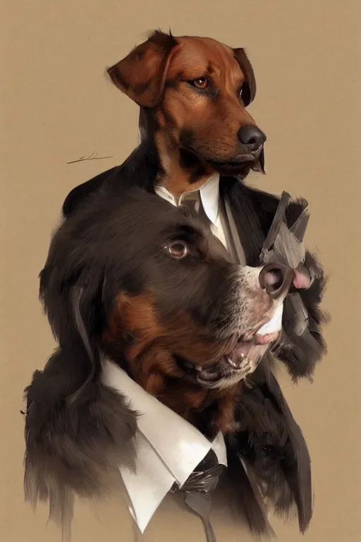 Image similar to portrait illustration of a dog as a italian mafia leader, intricate, elegant, highly detailed, digital painting, artstation, concept art, smooth, sharp focus, illustration, art by artgerm and greg rutkowski and alphonse mucha and william - adolphe bouguereau