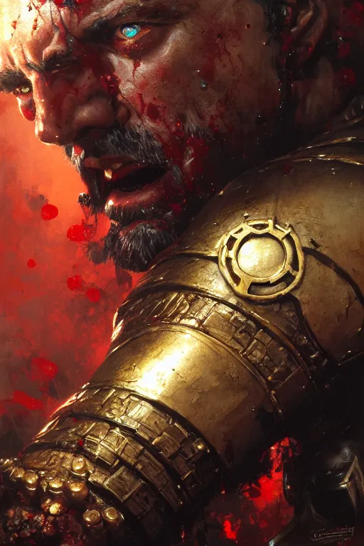 Prompt: brass metal gauntlet close up, pool of blood, portrait dnd, painting by gaston bussiere, craig mullins, greg rutkowski, yoji shinkawa