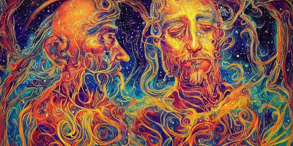 Image similar to a beautiful cosmic detailed painting of an spiritual mystic man in a new world with strage but beautiful beings and psychedelic surreal forms