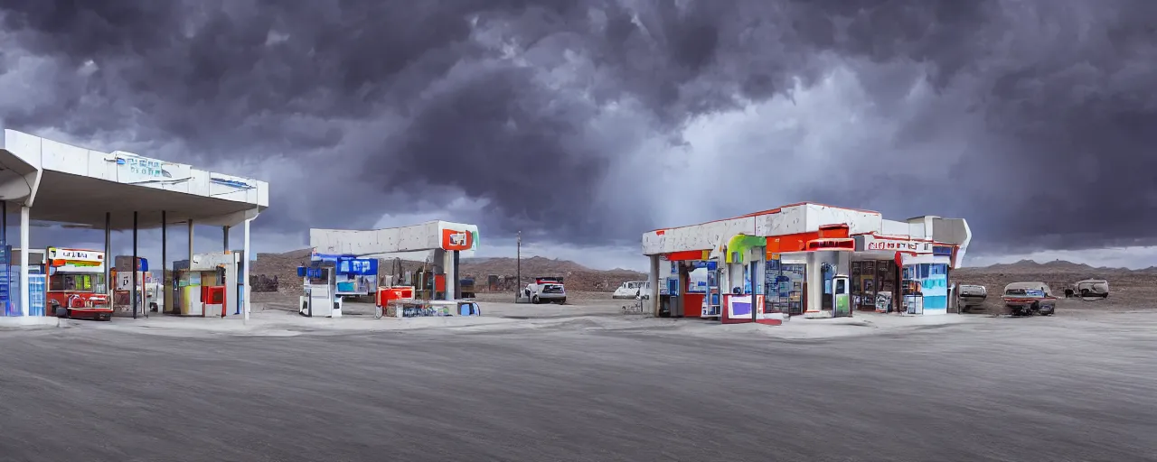 Image similar to a brutalist russian gas station with foreign neon signs next to a rural road in the desert of arizona, snow, stormy weather, ultra realism, digital art