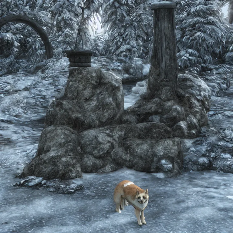 Image similar to an ancient and weathered stone shiba inu statue beside a frozen stream, underneath a nordic arch, skyrim pc screenshot