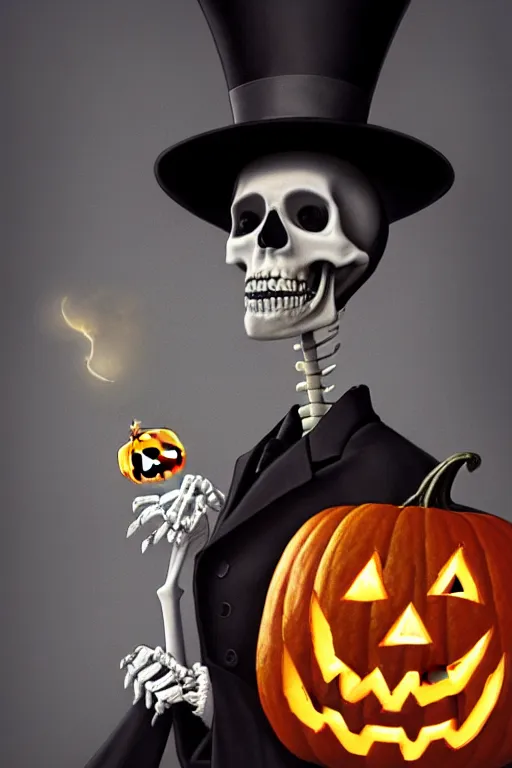 Image similar to portrait of a skeleton with a top hat holding a jack - o - lantern, halloween night, charlie bowater, artgerm, ilya kuvshinov, krenz cushart, ruan jia, realism, ultra detailed, 8 k resolution