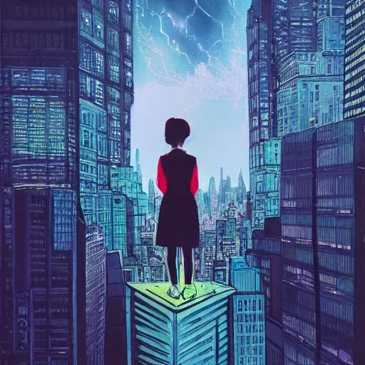 Prompt: “ a girl standing on a ledge looking down at a futuristic new york city below, bright city lights, storm clouds, rain, dramatic lighting, by james jean ”