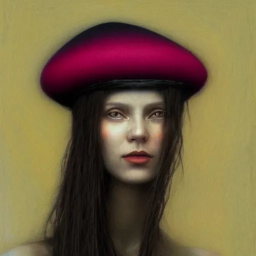 Image similar to portrait of beautiful young woman with flowing pink hair, wearing a black French beret hat, dark fantasy, Warhammer, artstation painted by Zdislav Beksinski and Wayne Barlowe