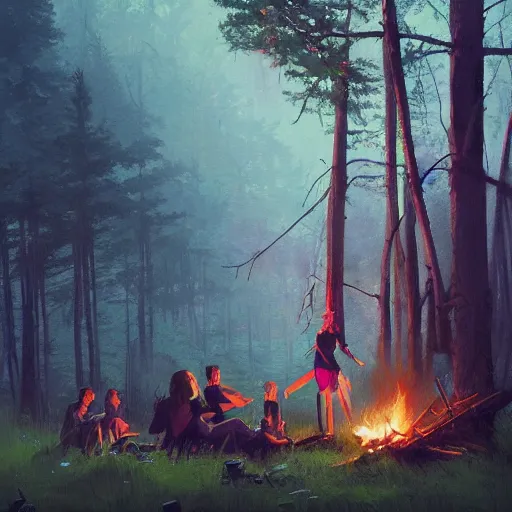 Image similar to rolling hills of the forest, campfire at night, green - blue coloured sky, art by greg rutkowski, trending on artstation, masterpiece