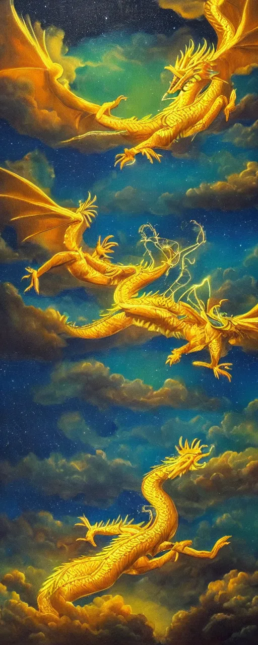 Prompt: beautiful oil painting of golden eastern dragons in sky, green lightning, night clouds, above forest, landscape shot