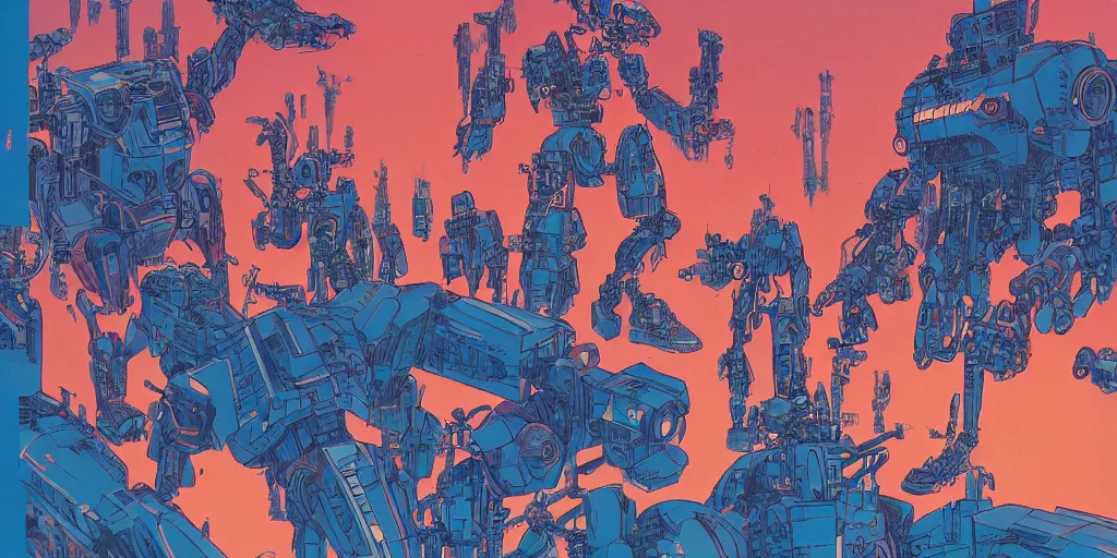 Image similar to risograph, gigantic mecha faces, no artifacts, tiny rats, a lot of exotic animals around, big human faces everywhere, by satoshi kon and moebius, matte blue colors, surreal design, crispy, super - detailed, a lot of tiny details, no blur, 4 k, fullshot