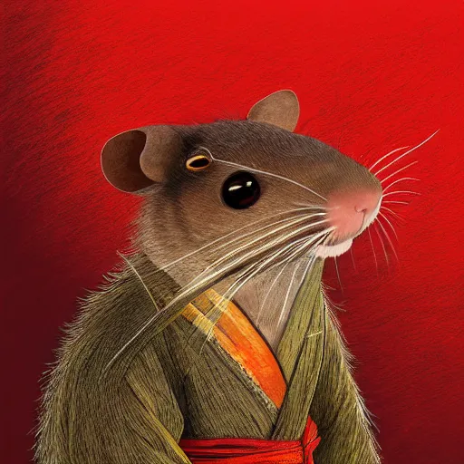 Prompt: a portrait of a brown rat in red kimono in the style of Rembrandt, realistic, digital art