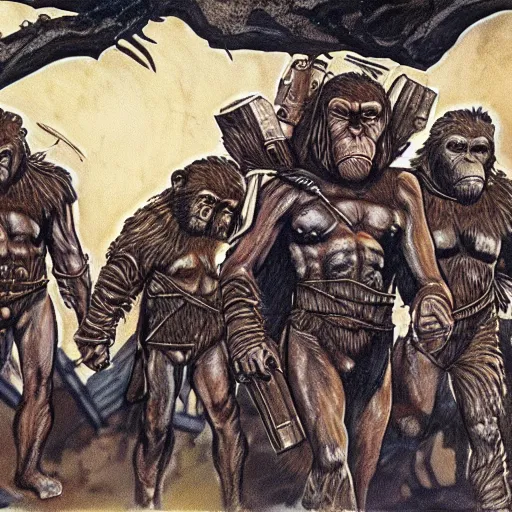 Image similar to planet of the apes in the bronze age highly detailed concept art