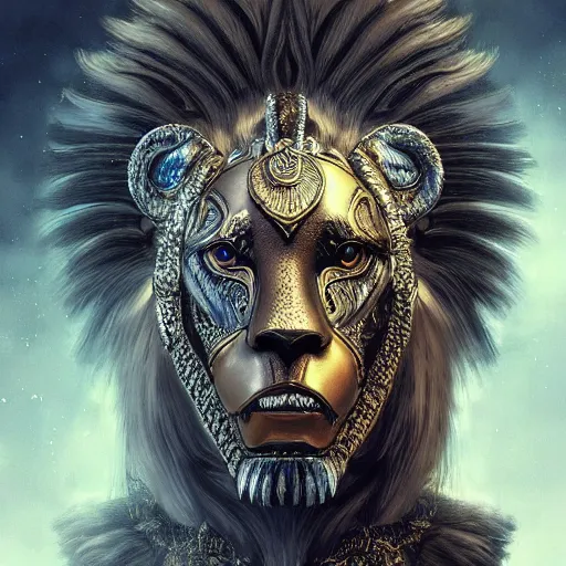 Prompt: Very very very very highly detailed epic photo of face with lion venetian mask, intricate, dystopian, sci-fi, extremely detailed, digital painting, artstation, concept art, smooth, sharp focus, illustration, intimidating lighting, incredible art by Artgerm and Brom and Vincent di Fate