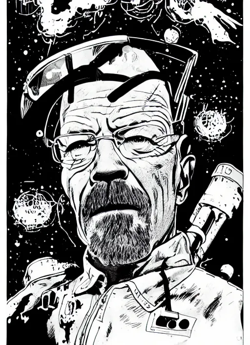 Prompt: Walter White as badass space wizard in retro science fiction cover by ralph steadman, western comic art, inked, detailed, trending on artstation