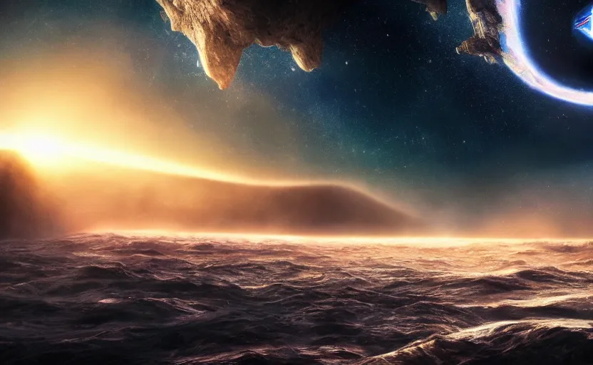 Prompt: a scene from the movie interstellar, giant wave on another world, anime scenery, digital art, 4k