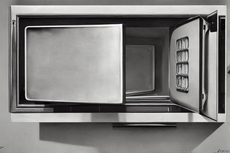 Prompt: hyperrealistic painting of an early 1930s microwave prototype by Claudio Bravo
