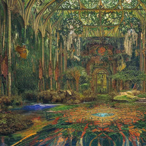 Prompt: a painting of a jungle ruins, mosaic floor, stained glass windows, godrays, natives, chandelier, art by JohannesVoss, Donato Giancola, Ron Spencer, trending on artstation